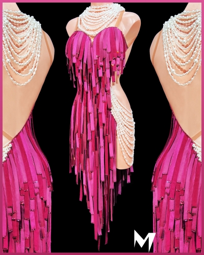 [PRE-OWNED] Magenta Satin Strap Dress with Pearl Strands #S415