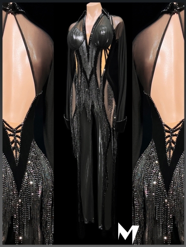 [PRE-OWNED] Black and Hematite Jumpsuit with Fringe Cape #S417