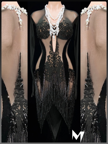 [PRE-OWNED] Black Mesh and Lace Motif Fringe Dress with Pearl Necklace #S455