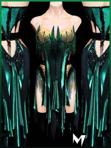 [PRE-OWNED] Metallic Emerald Green and Black Dress #S428