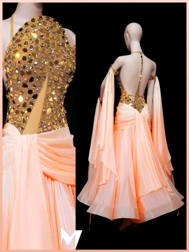 [PRE-OWNED] Gold Mirror Plate and Peach Satin Chiffon Ballroom (Standard) Dress #S432