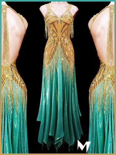 [PRE-OWNED] Gold and Metallic Teal Silk Chiffon Smooth Dress #S424