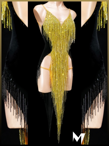 [PRE-OWNED] Gold Crystallized Fringe and Black Velvet Dress #S452