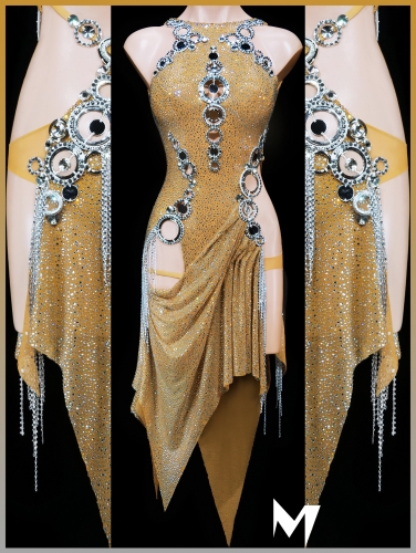 [PRE-OWNED] Crystal on Nude Drape Dress with Silver Ring Details #S445