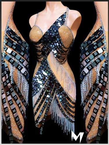 [PRE-OWNED] Crystallized Nude Dress with Black and Crystal Draped Straps #S435