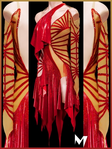 [PRE-OWNED] Asymmetrical Metallic Red Ruffle Panel Dress #S443
