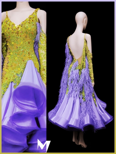 [PRE-OWNED] Green and Lavendar Ostritch Feather Ballroom (Standard) Dress #S430