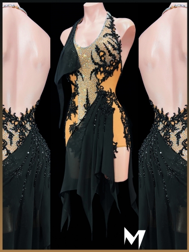 [PRE-OWNED] Black Lace Motif and Chiffon Drape Dress #S420