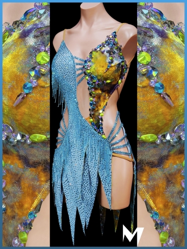 [PRE-OWNED] Crystallized Light Blue and Tie-Dye Velvet Panel Dress #S453