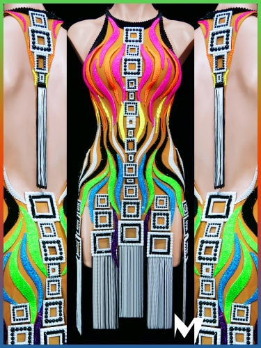 [PRE-OWNED] Rainbow Motif Dress with Black and White Fringes #S447