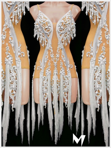 [PRE-OWNED] Nude and White Lace Motif Fringe Dress #S437
