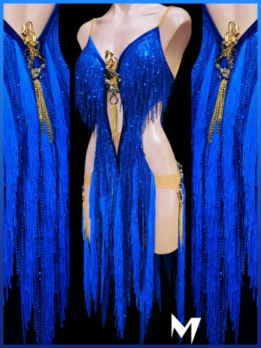 [PRE-OWNED] Sapphire Blue Cyrstallized Fringe Dress with Gold Accents #S442