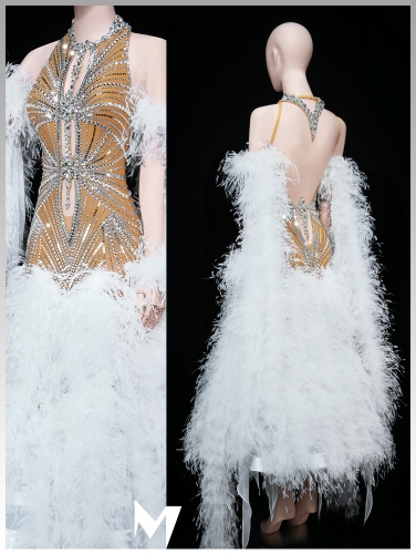 [PRE-OWNED] Silver and White Ostritch Feather Ballroom (Standard) Dress #S431