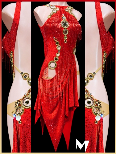 [PRE-OWNED] Crystallized Red Drape Dress with Gold Ring Details #S444