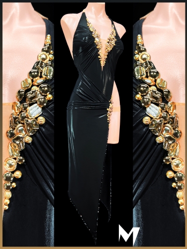 [PRE-OWNED] Black Leathery Lycra Dress with Gold Embellishments #S419