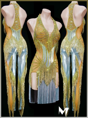 [PRE-OWNED] Silver and Gold Interchangable Jumpsuit and Fringe Dress #S438