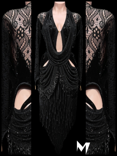 [PRE-OWNED] Black Lace and Fringe Tassle Dress #S450