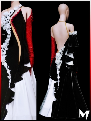 [PRE-OWNED] Black Velvet and White Satin Ballroom (Standard) Dress with Red Accents #S451