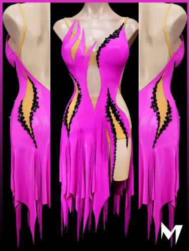 [PRE-OWNED] Hot Pink Leathery Lycra Dress with Black Beading #S436