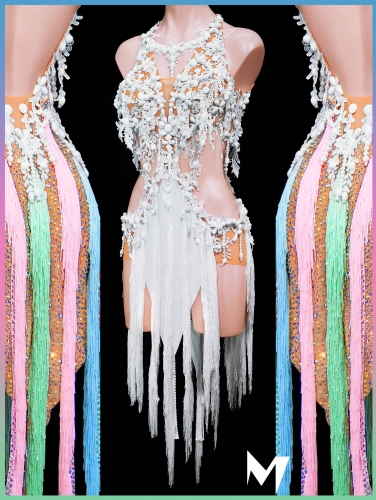 [PRE-OWNED] White Lace Motif Dress with Interchangable Fringe Skirts #S434
