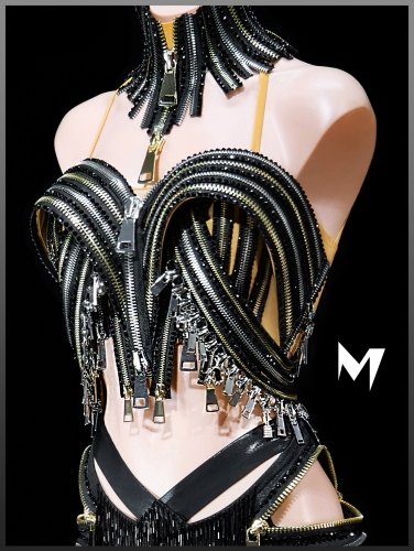 [PRE-OWNED] Silver and Gold Zipper Dress with Leather Fringes #S458