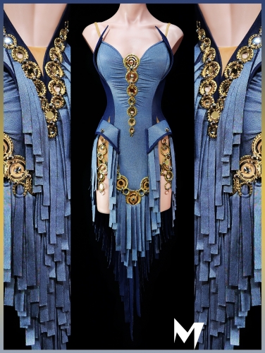 [PRE-OWNED] Blue Denim Crepe Dress with Gold Rings #S459