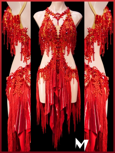 [PRE-OWNED] Red Lace Motif Fringe Dress #S461