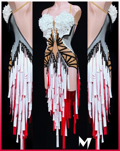 [PRE-OWNED] White Red and Black Fabric Strap Dress with White Flower Motifs #S388