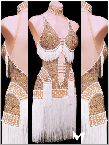 [PRE-OWNED] Crystal AB and White Fringe Dress #S439