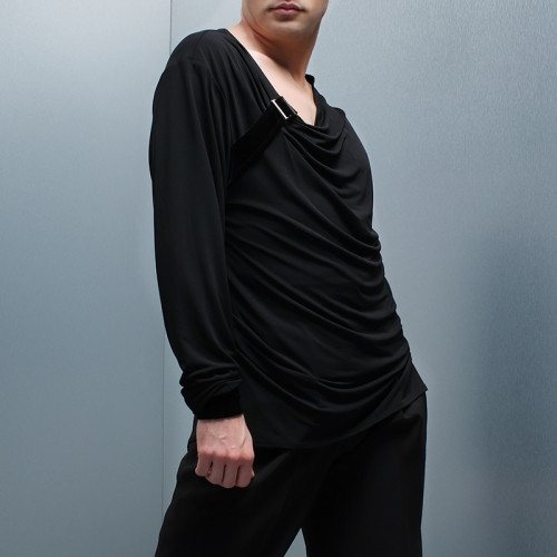 Draped Long Sleeve Shirt with Velvet Buckle Strap #604