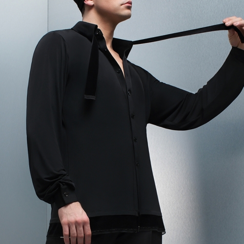 Crepe Shirt with Velvet/Lace Trim and Velvet Tie  #609