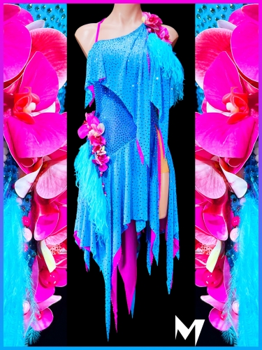 [PRE-OWNED] Sky Blue and Vivid Pink Orchid and Feather Dress #S408