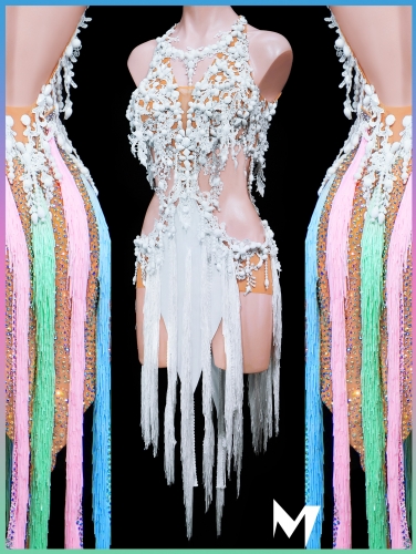 [PRE-OWNED] White Lace Motif Dress with Interchangable Fringe Skirts #S434