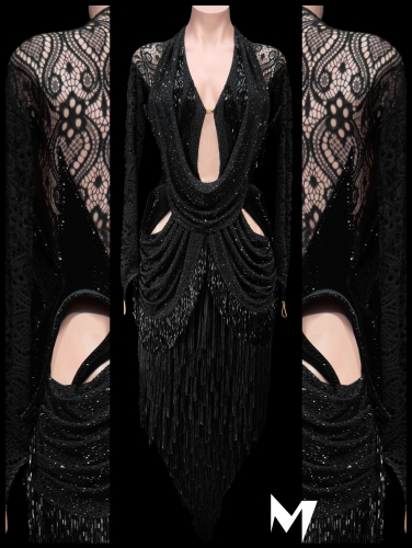 [PRE-OWNED] Black Lace and Fringe Tassle Dress #S450