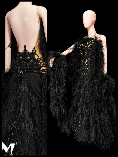 [PRE-OWNED] Black Lace Motif and Ostritch Feather Ballroom (Standard) Dress #S467