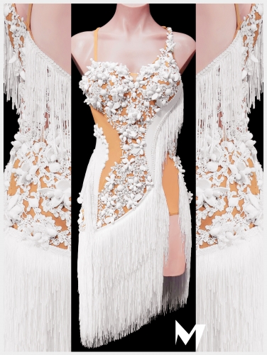 [PRE-OWNED] Asymmetrical White Lace Motif Fringe Dress #S466