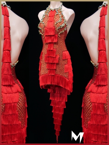 [PRE-OWNED] Red Crystallized Fishnet with Layered Fringes and Gold Beading #S469