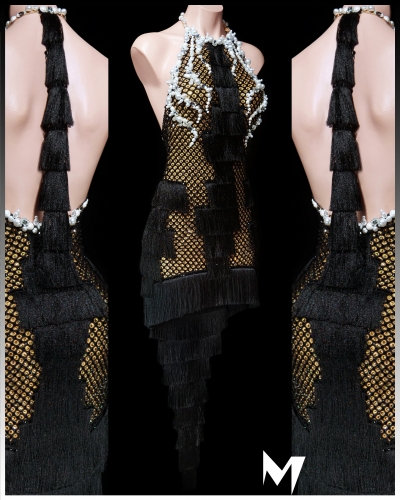 [PRE-OWNED] Black Crystallized Fishnet with Layered Fringes and Pearl Beading #S470