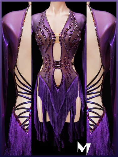 [PRE-OWNED] Metallic Purple Mesh Fringe Dress with Volcano Crystal Embellishments #S499