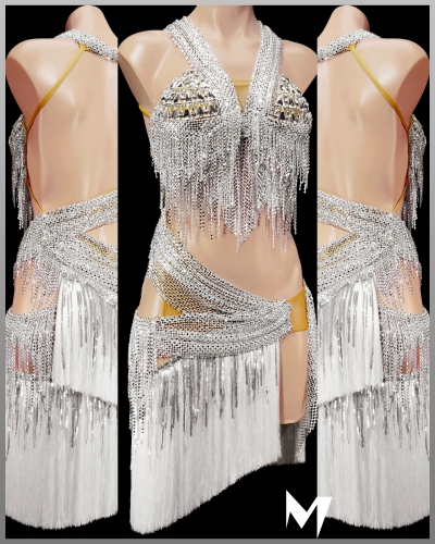 [PRE-OWNED] Crystal Embellished White Wrap Dress with Layered Fringe Skirt #S501