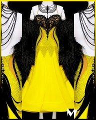 [PRE-OWNED] Black Lace Motif Yellow Ballroom (Standard) Dress with Ostrich Feathers #S375