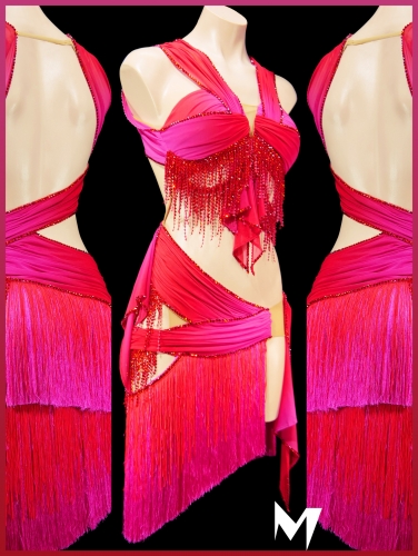 [PRE-OWNED] Red and Pink Ombre Wrap Dress with Layered Fringe Skirt #S500