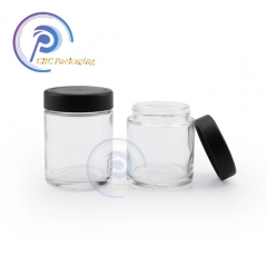 Custom logo 2 oz Clear Child Resistant Glass Jar with Black CR lid