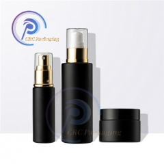 high end frosted matte black cosmetic glass bottle and jar pump bottle for lotion serum cream full set