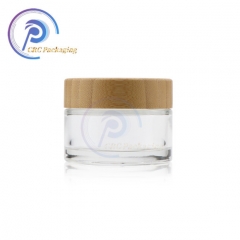 Clear glass cosmetic body cream jar with wood lids for skincare packaging set cosmetic glass jars with wood lid