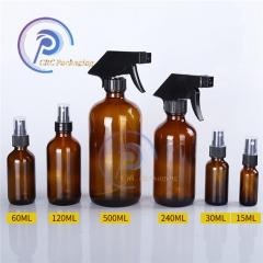 Packaging essential oil 1/2oz 1oz 2oz 4oz 250ml 500ml 16oz Clear Blue Amber Boston Glass Bottle with Trigger Spray Cap