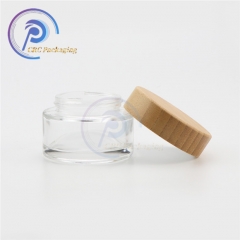 Clear glass cosmetic body cream jar with wood lids for skincare packaging set cosmetic glass jars with wood lid