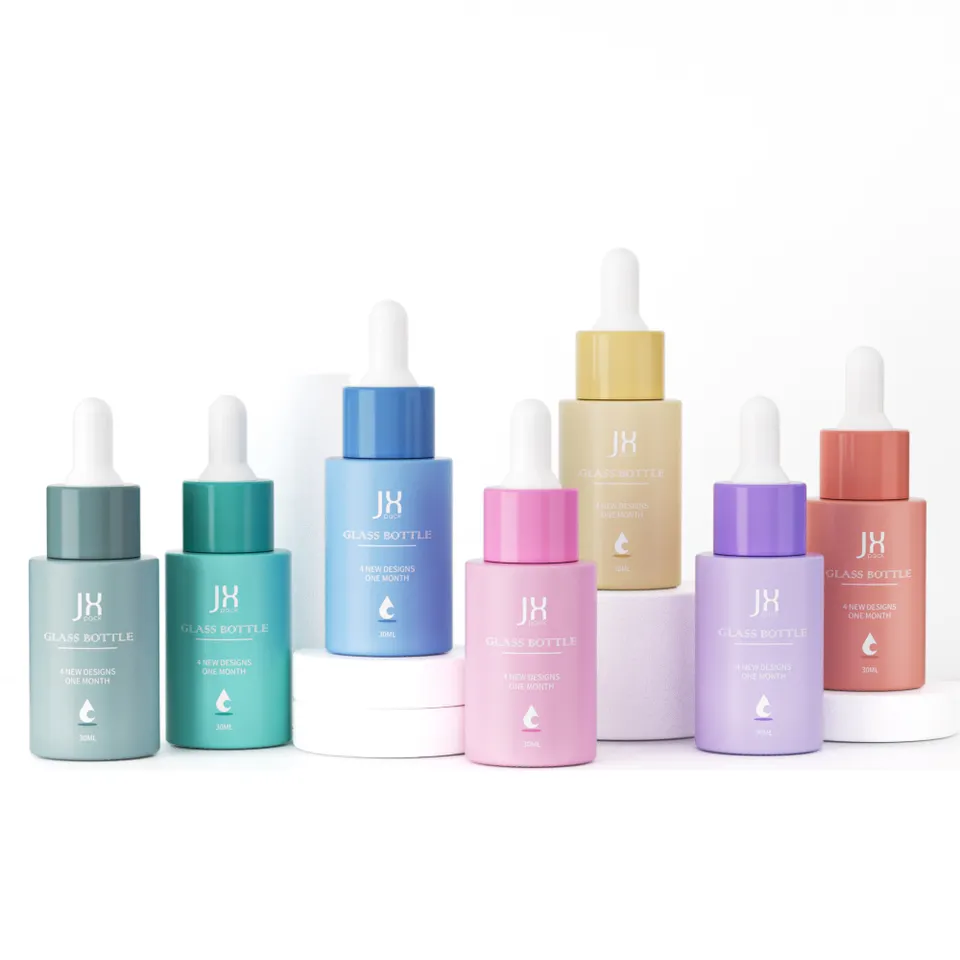 10ml 30ml 1oz luxury cosmetic packaging custom pink blue flat shoulder bottle skin care glass essential oil dropper bottle