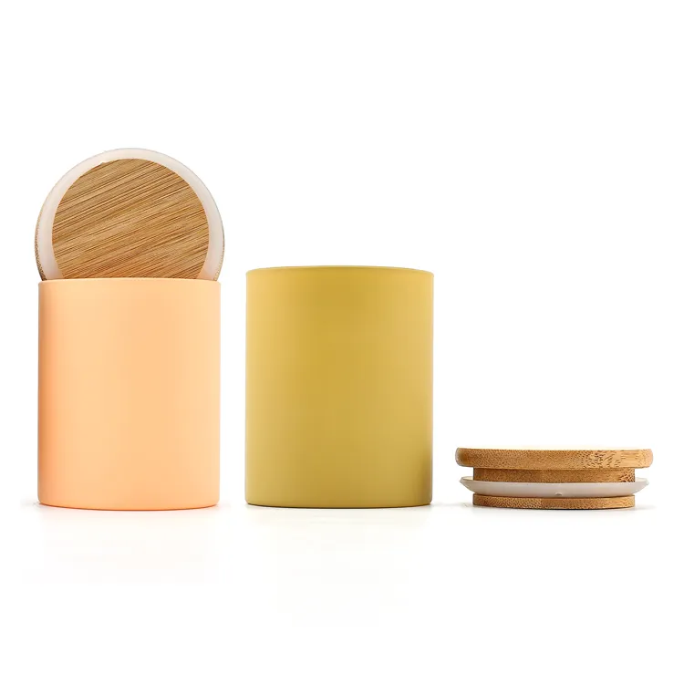 Custom big container matte glass candle holder jar wholesale colorful candle jars with bamboo cork lids