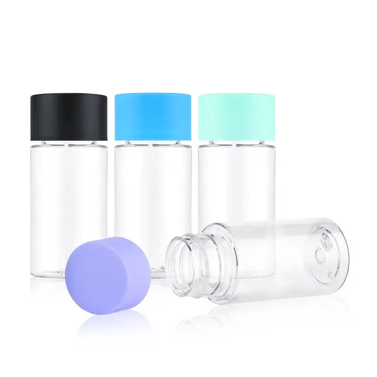 Custom desgin 35mm*81mm 5 pack pre packaging jar smell proof transparent PET bottle color child resistant lid plastic bottle